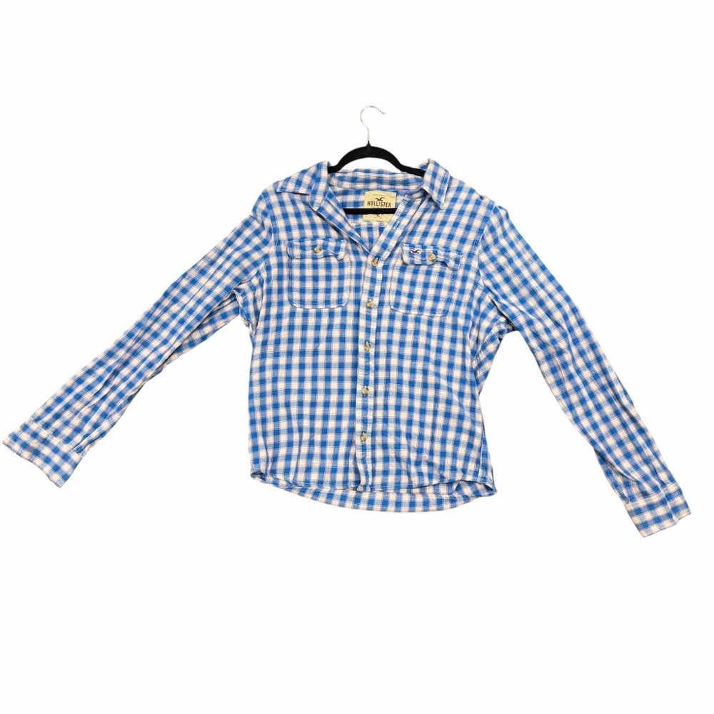 Hollister Blue Plaid Button Up Shirt XL Y2K Embroidered Logo PTP 22